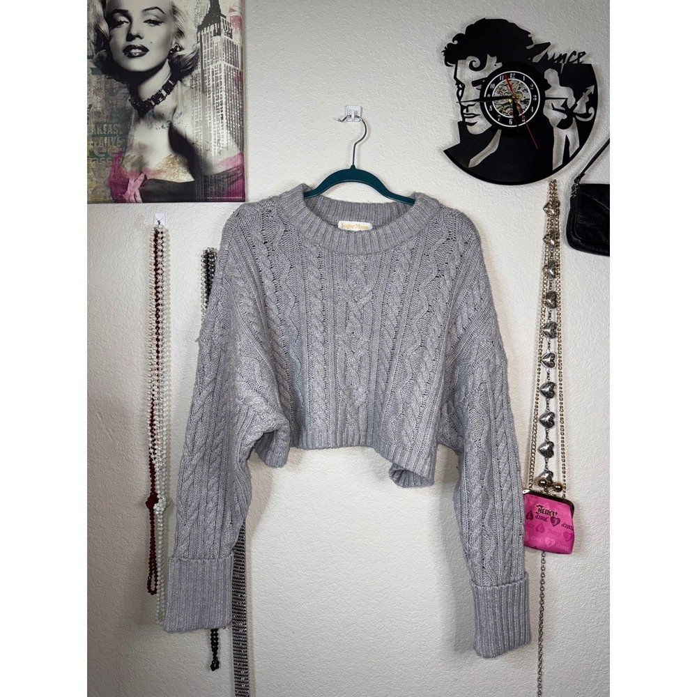 Sugar Moon Cropped Cable Knit Sweater Gray Chunky Oversized Wool Blend Womens M